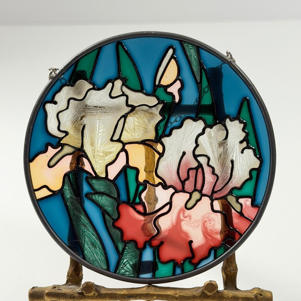 Joan Baker Designs Iris Floral Hand Painted Glass Suncatcher Window Art